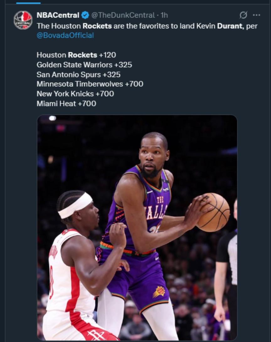 難道說？美媒曬杜蘭特下家賠率，火箭大幅度領(lǐng)跑！